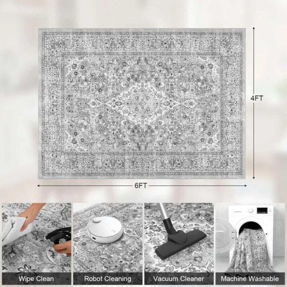 New 4x6 Grey Boho Area Rug, Washable Vintage Floral Non-Slip Carpet for Bedroom